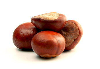 Raw chestnuts on white background. Colorful close-up photo. copy space. Raw nuts. Cooking. Diet. Review. Medicine. Cover.Background. Picture