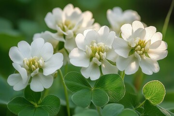 Obraz premium In early morning light- delicate white clover blossoms- surrounded by