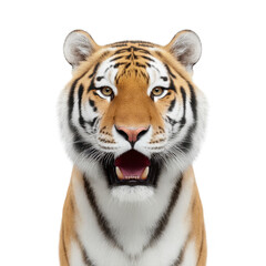 Fototapeta premium Majestic tiger with striking orange and black stripes gazes directly viewer, showcasing its powerful presence and intense expression. detailed fur and piercing eyes highlight tiger natural beauty