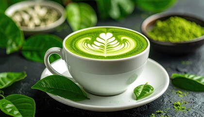 Matcha Latte Art with Green Tea Cup.
