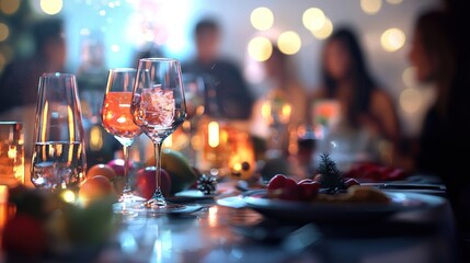 Festive Dinner Party with Sparkling Drinks and Warm Ambiance