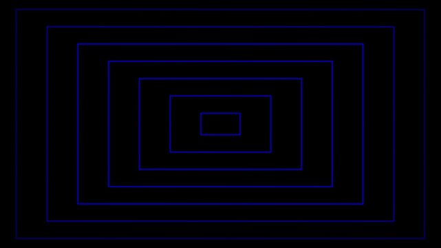 Neon rectangles frames border zooming flying forward through rectangular corridor animation.