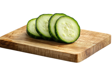 Crisp refreshing cucumber slices ready for a summer salad perfectly aligned on a rustic wooden on transparent background