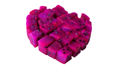 Heart shaped diced dragon fruit isolated on transparent background