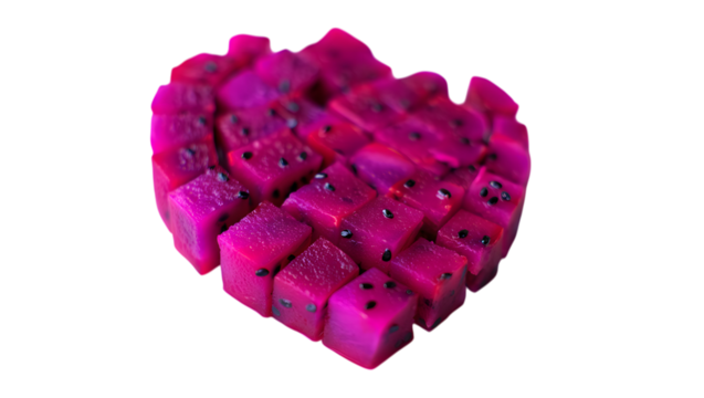 Heart shaped diced dragon fruit isolated on transparent background