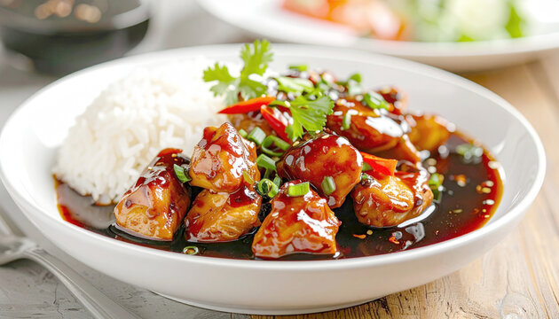 Szechuan chicken with dark sauce and rice. AI