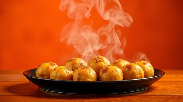 Golden, steaming balls on black tray against vibrant orange back