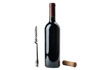 Elegant red wine bottle inviting relaxation on a night in paired with corkscrew and a bottle on transparent background