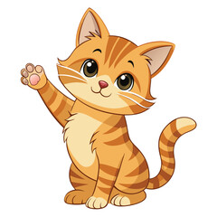 A fluffy ginger kitten standing on its hind legs with a paw raised and a joyful expression on white background