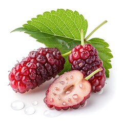 Three mulberries with a vibrant green leaf and water droplets on a white background