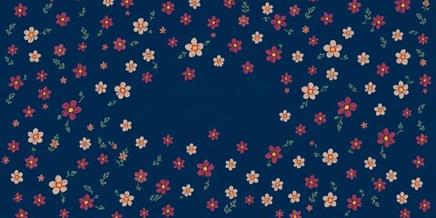 Dark blue abstract background with a cute seamless pattern of small decorative flowers and leaves,  packaging,  surface pattern