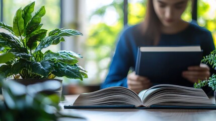 Woman Reading Books Surrounded by Plants
