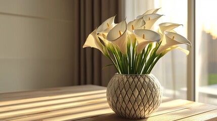 Geometric Patterned Vase with White Flowers in Soft Natural Light