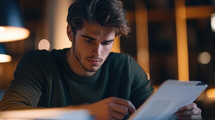 Young Man Studying Late at Night, Concentrated on Documents