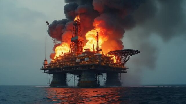 An oil rig on fire in the middle of the ocean
