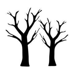 Two barren trees stand stark against a clean white background image