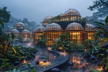 Fototapeta premium Serene Biophilic Architecture in Lush Tropical Landscape Retreat