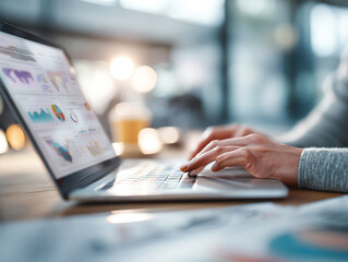 Modern Office: Employee Working on Laptop Analyzing Data and Graphs - Productivity through Technology and Digital Innovation in a Remote Workspace Environment
