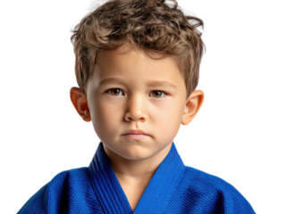 Determined Young Judoist: A focused young judo student, clad in a blue uniform, exudes determination. A close-up, studio portrait captures the focused gaze and confident stance.