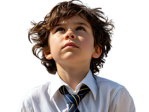 Young Explorer's Dream: A young boy gazes upwards, his eyes reflecting a world of imagination and wonder, captured with a focus on his youthful curiosity. - Powered by Adobe