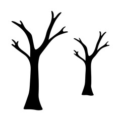 Two stark black tree silhouettes on a white background, barren landscape