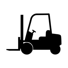Simple black silhouette of a forklift truck on a white background