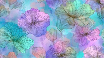 Watercolor Floral Design Pastel Flowers Line Art Botanical Illustration Soft Hues Elegant Background