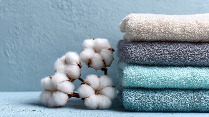 Soft, stacked towels beside cotton bolls