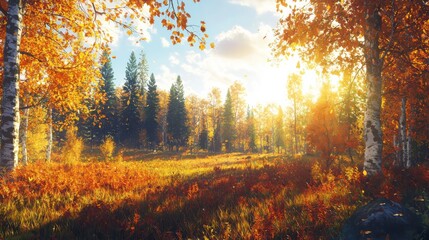 Fototapeta premium Autumn sunrise over golden forest nature landscape tranquil environment scenic viewpoint vibrant colors