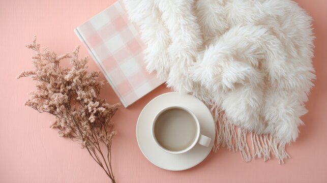 Cozy autumnal setting with warm drink, book, and soft blanket
