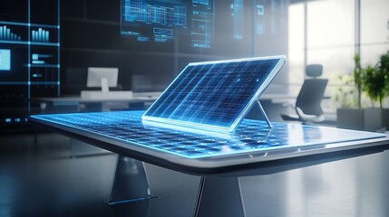 Digital solar panel rests on a futuristic glowing tablet displaying energy data for renewable.