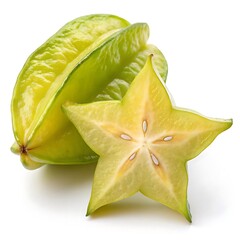 Closeup of a whole and sliced star fruit showing the star shape