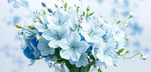 Delicate blue & white watercolor bouquet, Love-in-a-mist blooms, ethereal, lush greenery,  blossom, watercolor