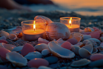At sunset, the collection of shells and smooth pebbles scattered along the coastline glow in a warm, golden light.