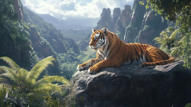 A tiger is resting on a rock, watching over the valley, background wallpaper AI generated image