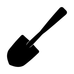 A simple black silhouette image of a hand shovel or spade tool