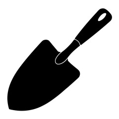 Black and white illustration of a small gardening trowel tool with handle