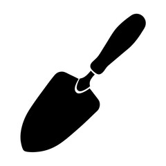 A single black gardening hand trowel against a stark white background