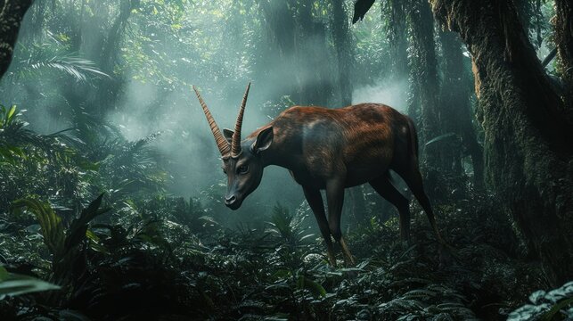 A Saola, also known as the Asian unicorn, walks gingerly through the misty rainforest. background wallpaper AI generated image