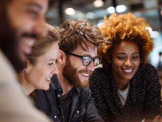 Fototapeta premium Diverse Teamwork Dynamic: Multi-Ethnic Group of Young Professionals Collaborating in Modern Office Setting