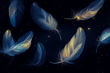 Detailed vector illustration of a collection of delicate feathers, each feather with a unique shape and intricate texture, gently floating against a dark, moody background.