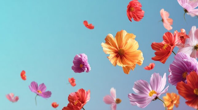 Floating cosmos flowers in vibrant colors against a soft pastel sky - Powered by Adobe