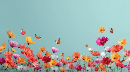 Colorful cosmos flowers and butterflies against a pastel background