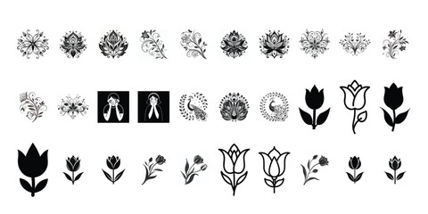 Floral Vector Icon Set – Mandala, Rose, Tulip, and Decorative Flower Symbols