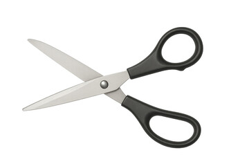 Steel scissors with black plastic handles displayed open on a transparent background, ready for cutting