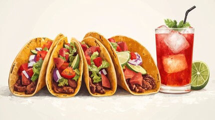 Image showing a variety of tacos accompanied by a colorful cocktail.