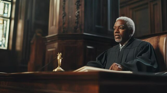 A judge presiding over a courtroom, representing authority and justice in a formal legal setting.