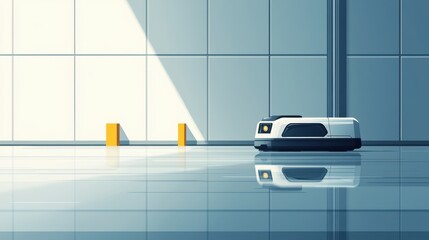 Image depicting an autonomous delivery robot navigating a clean warehouse.