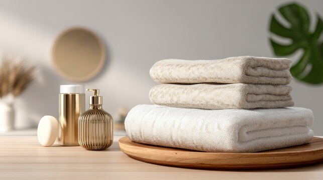 Soft, stacked towels on a wooden tray, bathroom accessories