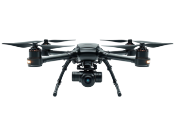 Precision drone poised for flight capturing breathtaking aerials in a dark studio emphasizing on transparent background